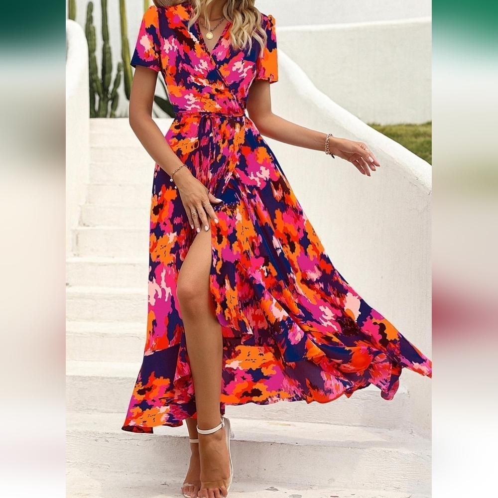 Prettygarden Floral Midi Maxi Wrap Dress Size Large Short Sleeve Floral - Picture 3 of 16